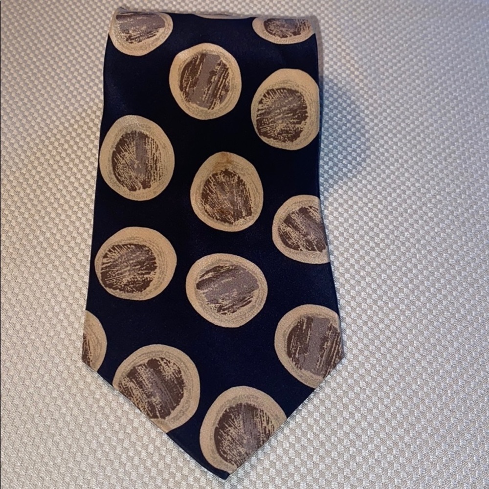 Oaktree 100% Silk Tie Navy With Beige & Brown Circle Print